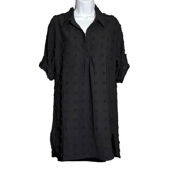B Women's Polka Dot Mini Dress Tunic Roll Tab Sleeve Collared Black Size Medium - Picture 1 of 8